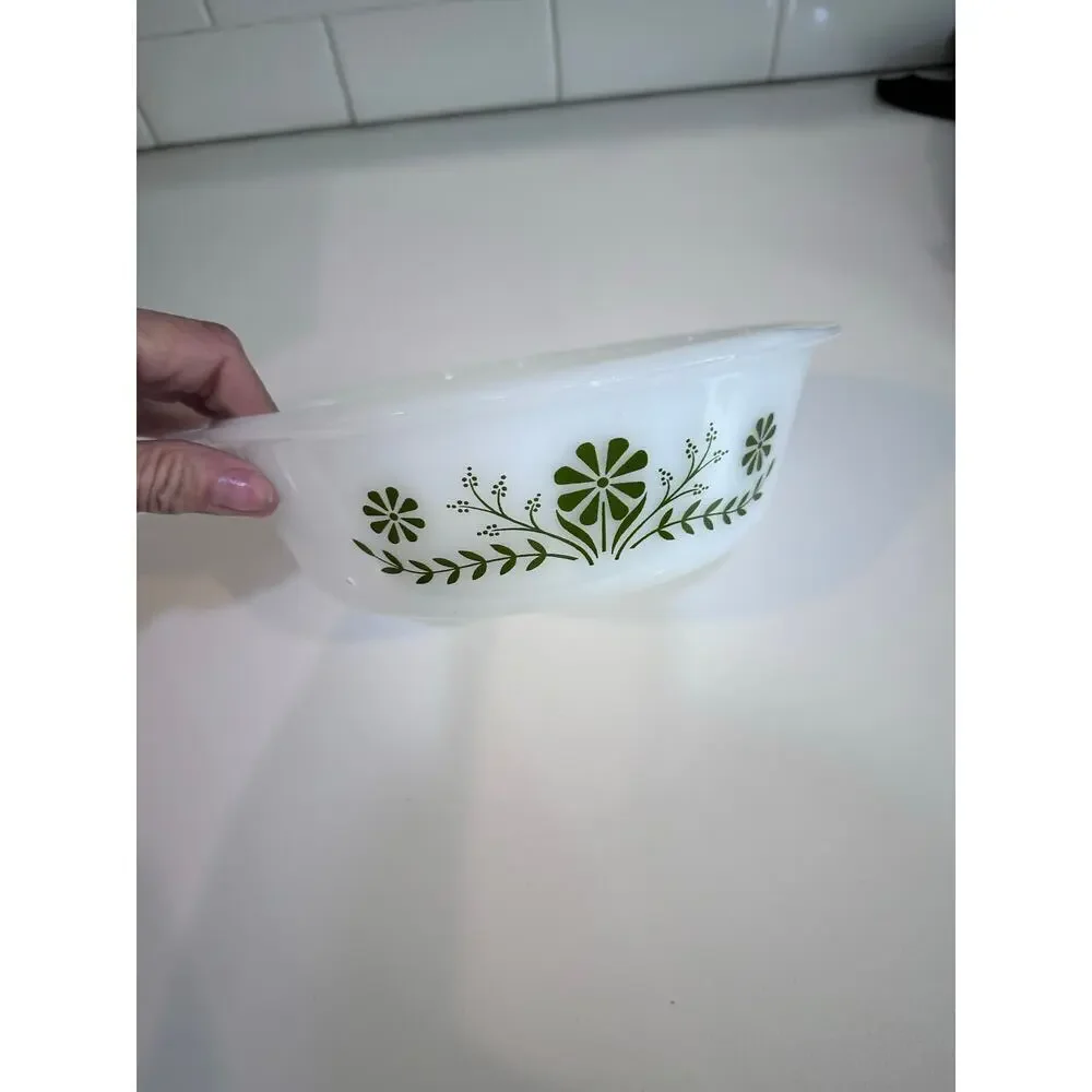 Vintage Glasbake Green Daisy 1 1/2 Quart Milk Glass Round Casserole Dish
